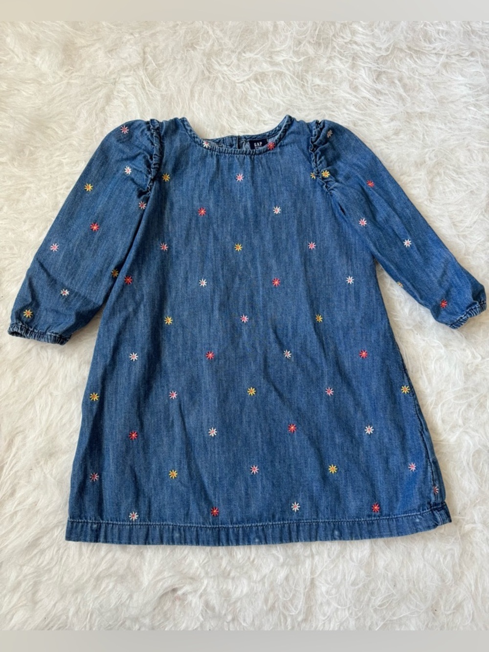 GAP Blue Denim Kids Dress with Colorful Floral Embroidery